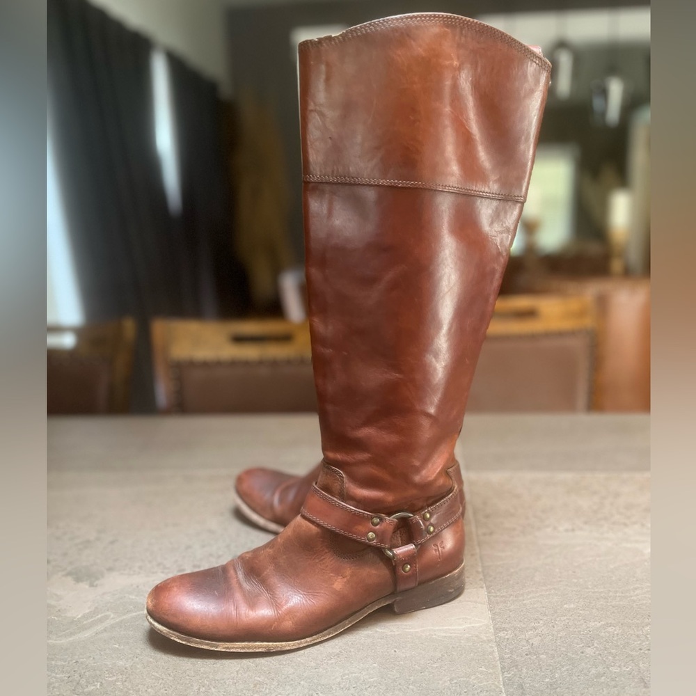 FRYE Melissa Tall Harness Brown Zip Up Boots Size 9.5